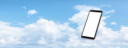 concept - of cell phone floating in the clouds with white screen - easy modification