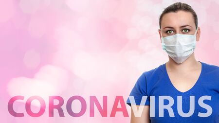 woman with  a medical mask for protection again influenza.  Copy space for your textの写真素材