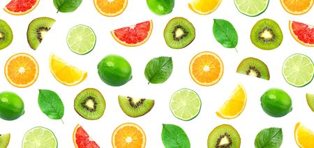 various citrus and kiwi fruits isolated on white background, top viewの写真素材
