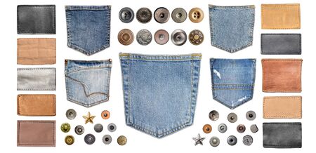 collection of various jeans parts on white background. each one is shot separatelyの写真素材