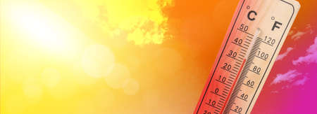 Heat, thermometer shows the temperature is hot in the sky, Summerの写真素材