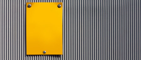 yellow plate on an industrial fence as a backgroundの写真素材