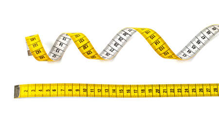 Measuring tape of tailor with indicators in form of centimeters. Yellow rolled measuring tape...