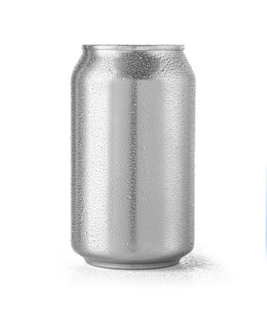 silver metal cans with drops isolated on white backgroundの写真素材