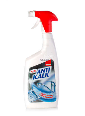 Chisinau, Moldova September 13, 2021: Sano Anti Kalk spray bottle isolated on white cleaner detergentのeditorial素材