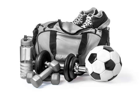Sports bag with sports equipment isolated on white with clipping pathの写真素材