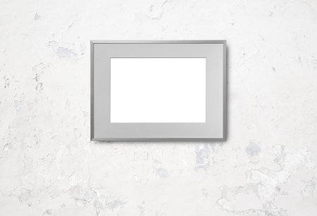 Silver frame for painting or picture A4, with gray passepartout on white grunge background