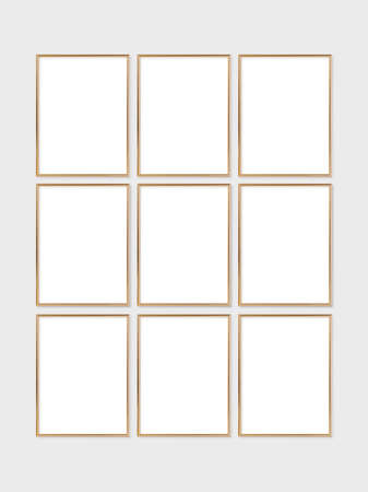 The layout of the set of 9 frame is 3x4, 30x40. Layout with 9 gold frames. Clean, modern, minimalistic, bright. portrait. vertical.の写真素材