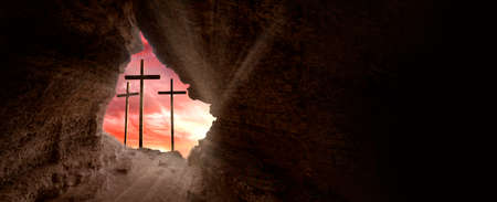 Crucifixion Of Jesus Christ At Sunrise - Three Crosses On Hill with copy spaceの写真素材