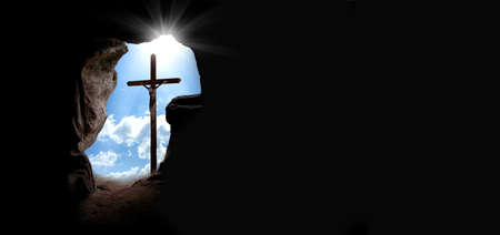 Easter morning, Golgotha hill with silhouettes of the cross, Resurrection background with sunlight, abstract background with copy space for textの写真素材