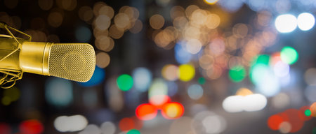 studio condenser microphone on bokeh lights. With copy spaceの写真素材