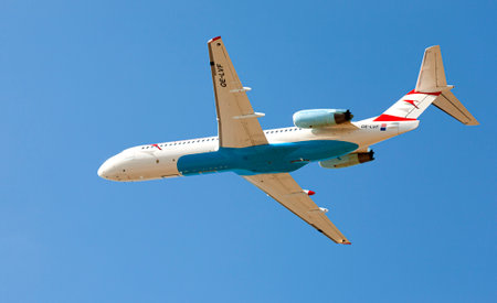 Chisinau, Moldova - 19 August 2014 Austrian Airlines Fokker F100 take-off in Chisinau International...