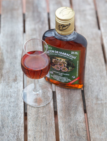 Madeira, Portugal, December 25, 2019; The bottle of local passion fruit liqueur, Madeira, Portugalのeditorial素材