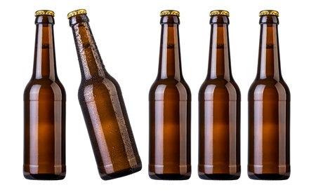 Full brown beer bottles on white background isolatedの写真素材