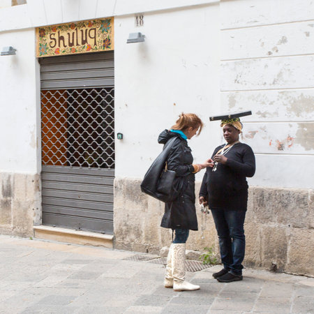 Lecce, Italy  April 19, 2015: Street trade in silverware, Southern Italy, Puglia region, Lecce cityのeditorial素材
