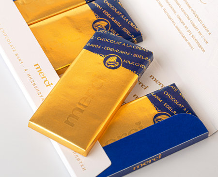 Anapa< Russia, February 01, 2023: Merci chocolate brand of chocolate candy manufactured by the German company August Storck. Isolated on a white backgroundのeditorial素材