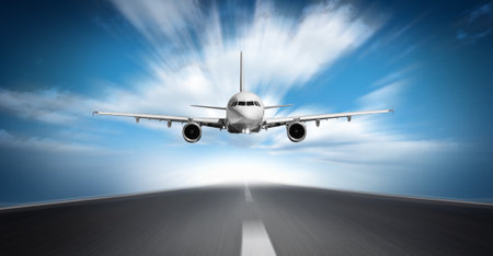 take off of an modern airliner against a blue sky