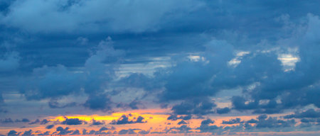 Sunset Sky on Twilight in the Evening with Orange Gold Sunset Cloud Nature Sky Backgrounds, Horizon...