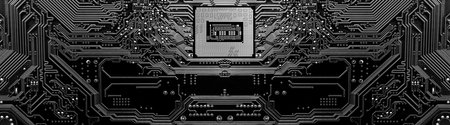 Circuit motherboard background with copy space. Computer components. Panoramic backgroundの写真素材