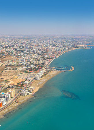 Larnaca town with Mediterranean Sea and Mackenzie beach travel traveling holidays vacation aerial...