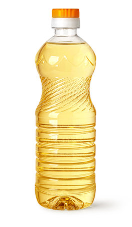 Smal blank plastic olive oil bottle isolated on white background cut outの写真素材