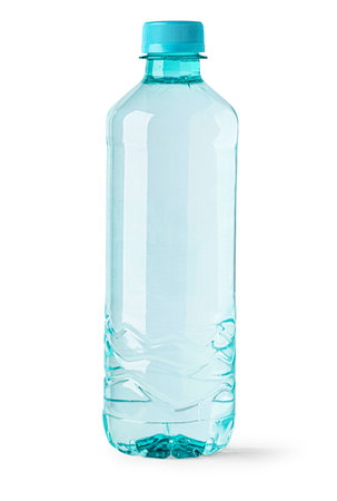 Small blue plastic water bottle isolated on white background cut outの写真素材
