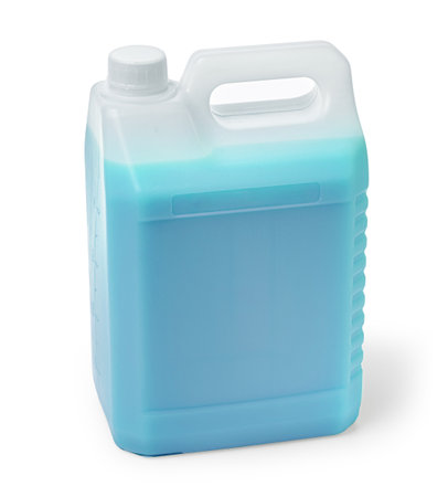Can with non-freezing liquid, isolated on white. Blue antifreeze liquid for car in canister. Plastic bottle or gallon of hand gel, soap or hand sanitizer alcohol gel, coronavirus protection concept.の写真素材