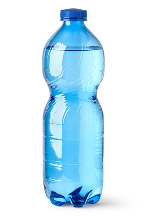 Small blue plastic water bottle isolated on white background cut outの写真素材