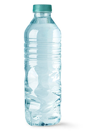 Small blue plastic water bottle isolated on white background cut outの写真素材