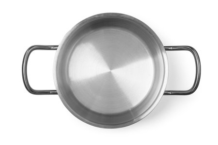 The stainless steel pan isolated on a white background with clipping path top viewの写真素材