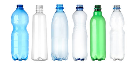 Empty plastic bottle isolated on a white background, representing concepts like recycling, plastic waste, and environmental issuesの写真素材