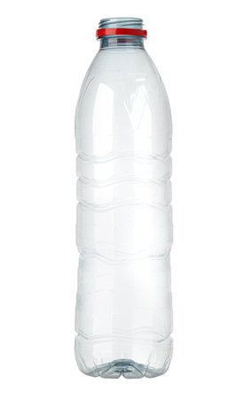 Empty plastic bottle isolated on a white background, representing concepts like recycling, plastic waste, and environmental issuesの写真素材