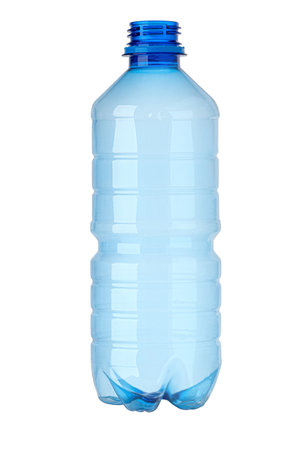 Empty plastic bottle isolated on a white background, representing concepts like recycling, plastic waste, and environmental issuesの写真素材