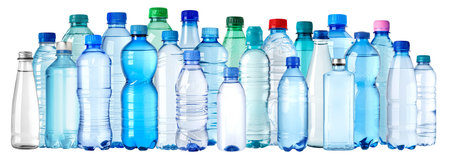 Set of water bottles made of plastic, isolated over white background, showing different sizes and shapesの写真素材