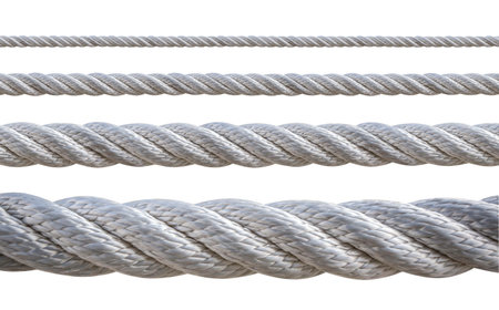 Four gray ropes of different thicknesses are lying horizontally on a white background, creating a simple yet visually appealing compositionの写真素材