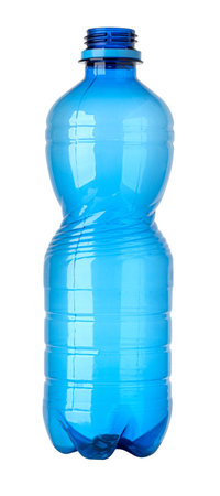 Empty plastic bottle isolated on a white background, representing concepts like recycling, plastic waste, and environmental issuesの写真素材