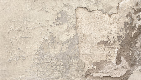 Weathered plaster wall revealing concrete underneath, creating a textured, vintage backgroundの写真素材