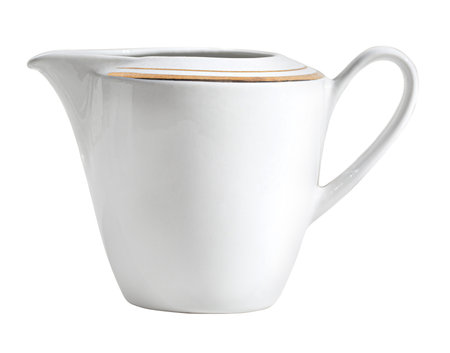 Elegant white porcelain milk jug or creamer featuring a delicate gold rim, isolated on a transparent background, perfect for adding a touch of sophistication to breakfast or tea timeの写真素材