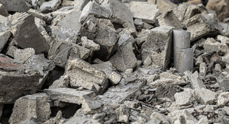 Concrete rubble and debris resulting from building demolition, featuring broken pipes and exposed...