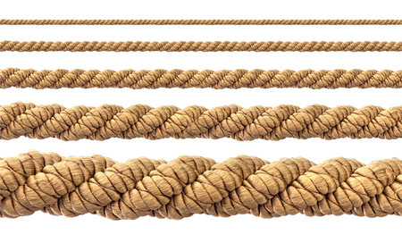 Five ropes of increasing thickness lying horizontally on a white background, creating a visual representation of scale and textureの写真素材