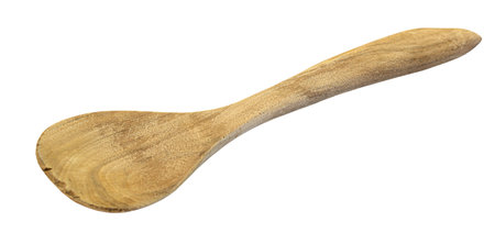 Light brown wooden spoon isolated on white background, kitchen utensil ready for cookingの写真素材