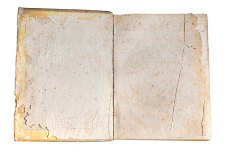 Open vintage book with blank pages isolated on transparent background, showing aging and wearの写真素材