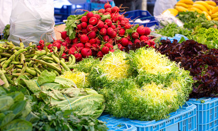 Fresh organic vegetables on display at a local farmers market, offering a healthy and vibrant selectionの写真素材