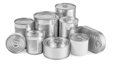 Different sizes of tin cans containing preserved food creating a long shelf life, isolated on white...