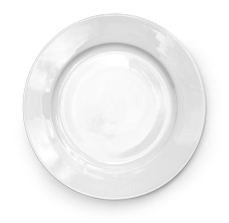 Round empty white plate on white background, perfect for showcasing culinary creationsの写真素材