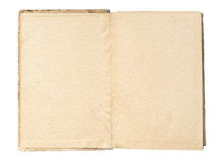 Open vintage book displaying two blank, textured paper pages with a transparent backgroundの写真素材