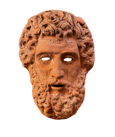 Bearded man's terracotta sculpture representing an ancient greek theatrical mask, perfect for history and culture themesの写真素材