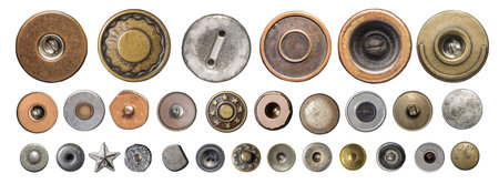 Collection of various metal buttons, rivets, and denim hardware for clothing design and textile fashionの写真素材