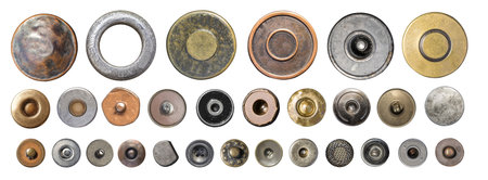 Various styles of aged metal fasteners including rivets, jeans buttons, and snaps for clothing...