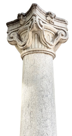 Ancient stone corinthian column with ornate capital and decorative scrolls, transparent backgroundの写真素材